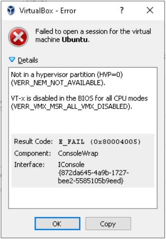Not in a hypervisor partition / VT-x is disabled in the BIOS for all CPU modes error screenshot