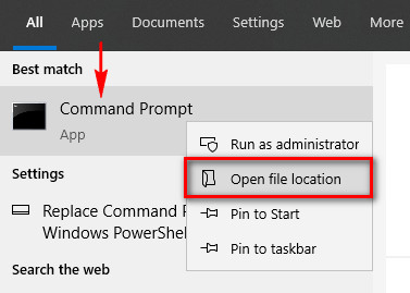 Open file location of command prompt