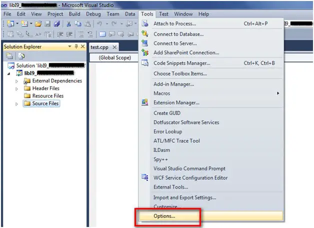 Tools Options menu in Visual Studio
