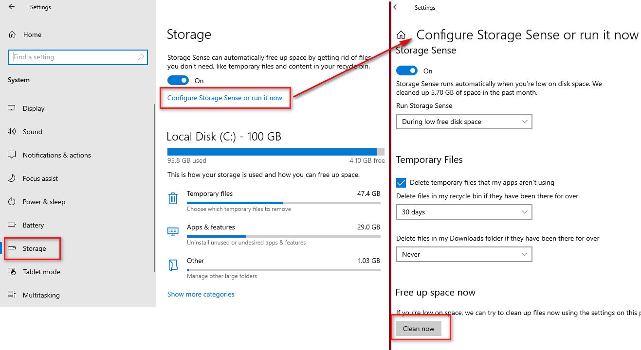 Delete temporary files using Windows 10 storage sense