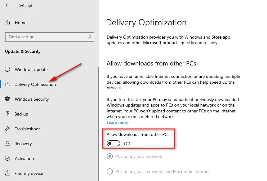 Disable downloads from other PCs