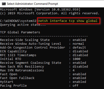 List TCP Global Parameters netsh interface tcp show global