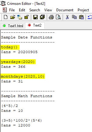 inbuilt calculator - math functions and date functions in crimson editor