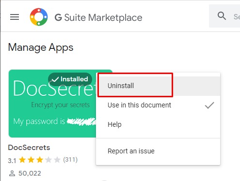 Uninstall DocSecrets from Google Docs