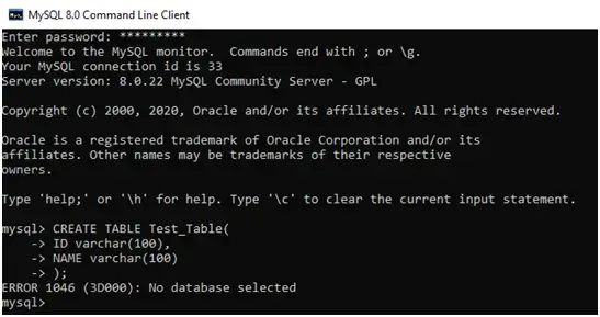 MySQL ERROR 1046 (3D000) No Database Selected